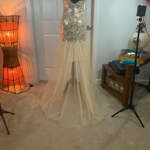Champagne Sequin Mermaid Hem Evening Formal Gown Size Large - Picture 9 of 12